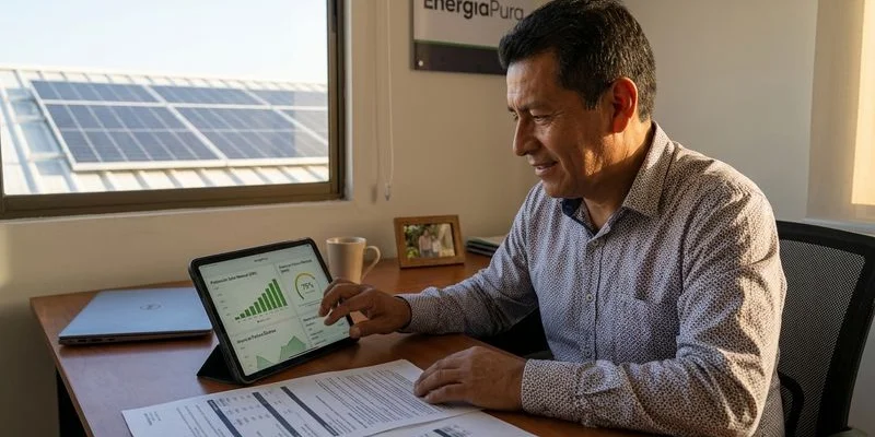 Empresario revisando dashboard de producción solar y ahorro energético
