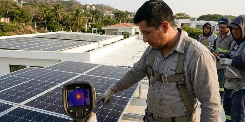Técnico realizando inspección termográfica preventiva de paneles solares