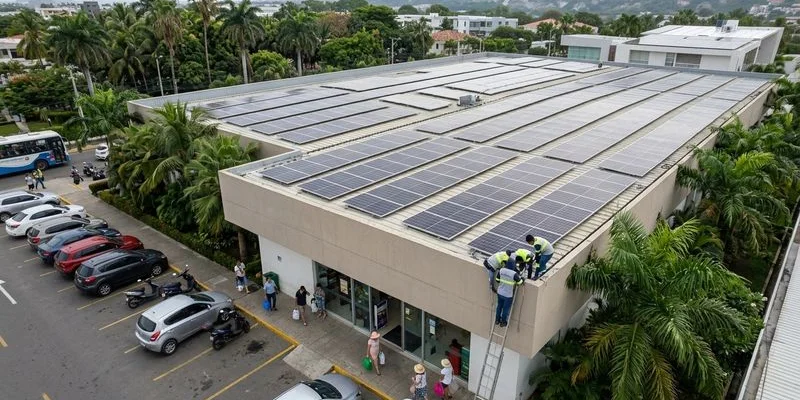 Vista aérea de instalación solar masiva en techo de centro comercial ecuatoriano